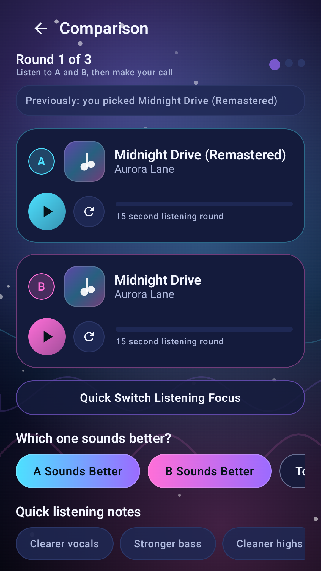 TuneMatcher comparison interface
