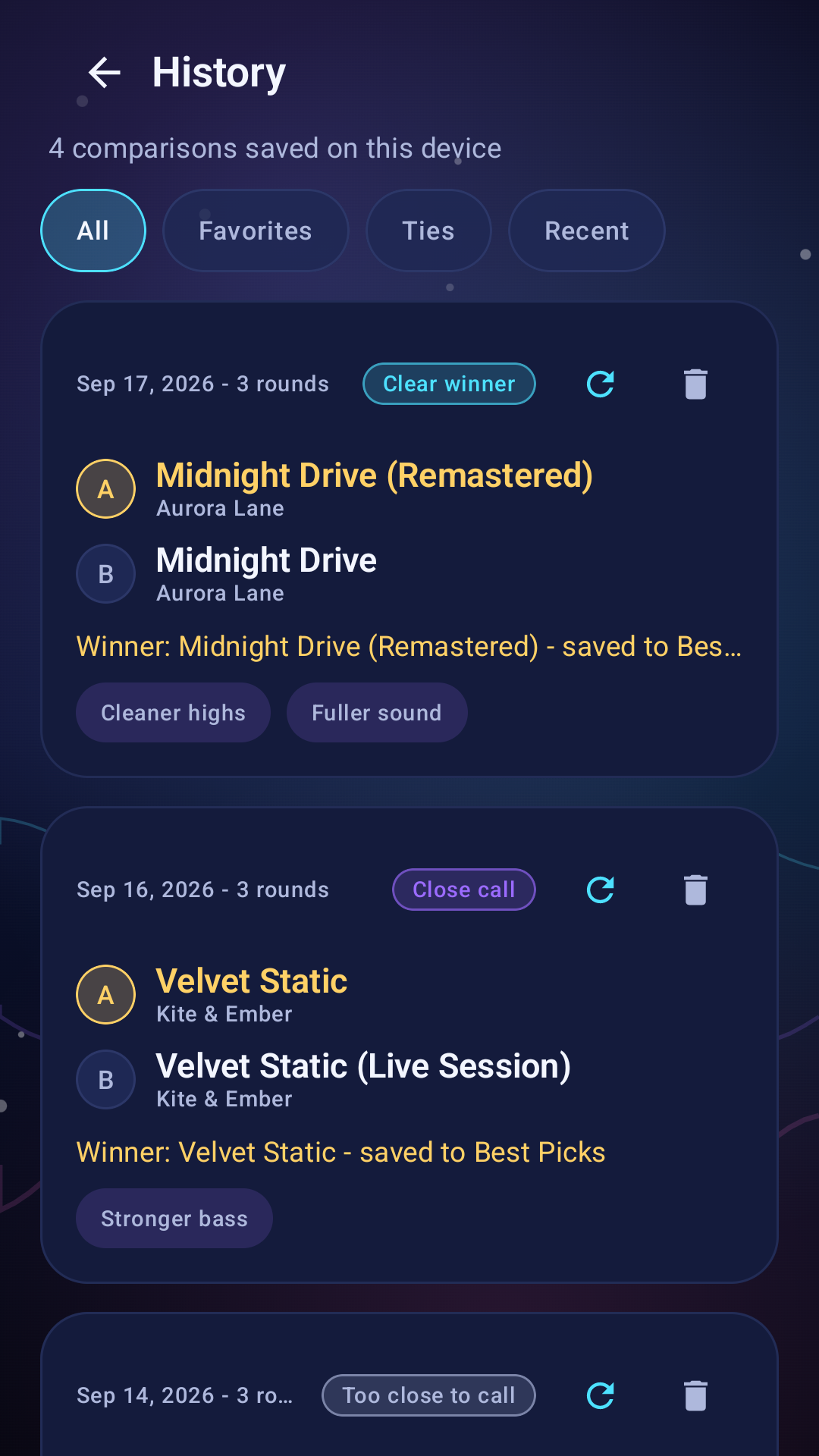 TuneMatcher history interface
